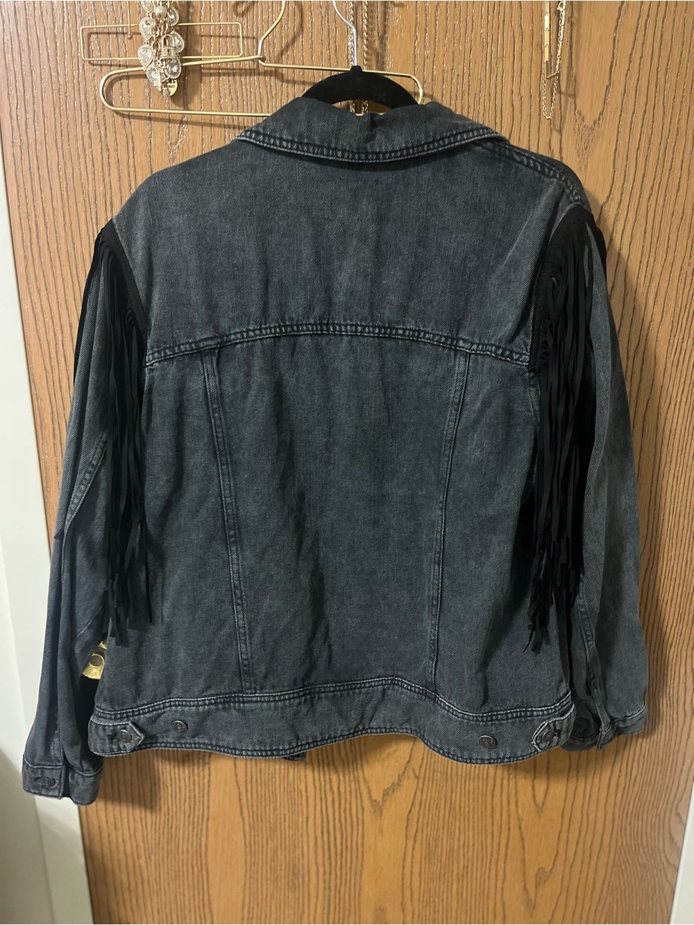 Free People Black Washed Denim Fringe Jacket - Picture 2 of 2